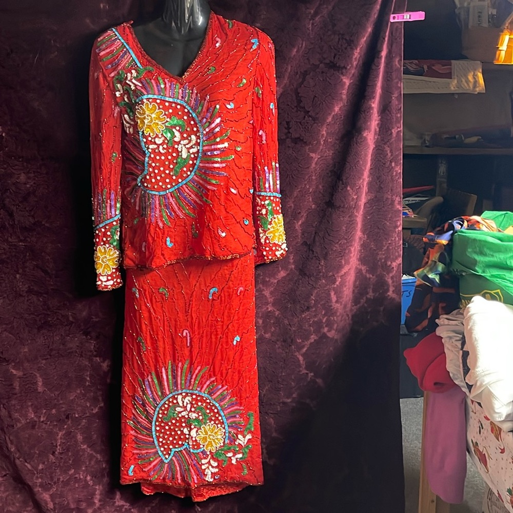 Red beaded silk 2 piece outfit